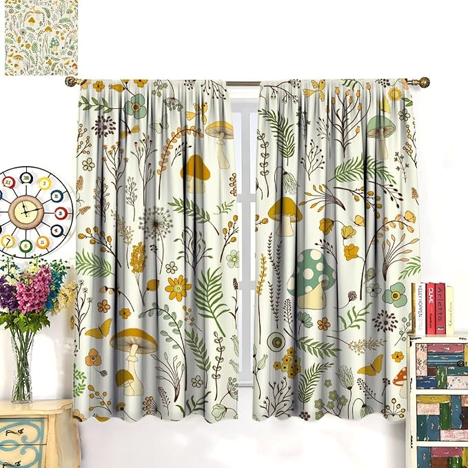 Wild Mushroom Curtains, Vintage Botanical Rustic Retro Wildflower Herbs Plants Green Mushroom Blackout Window Treatments for Living Room Kitchen Bedroom 42x45 Inch
