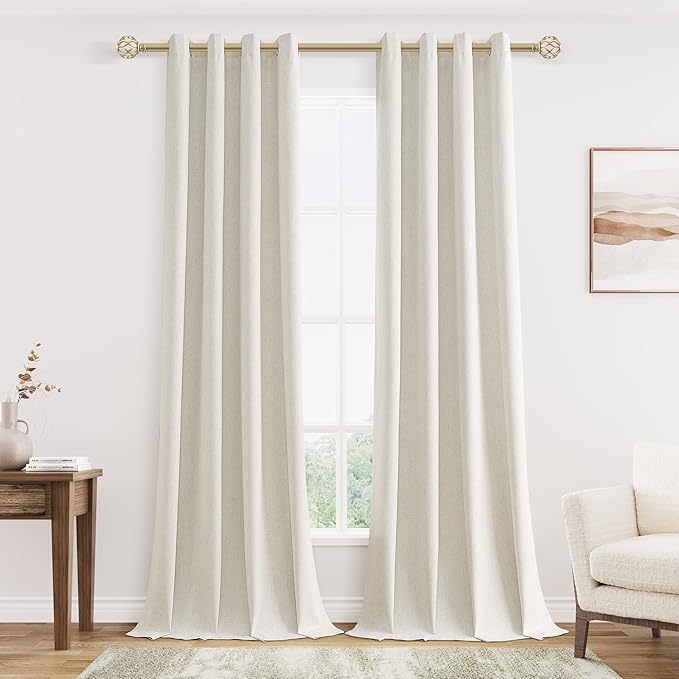 Jowels Cream Linen Blackout Curtains 82 Length 2 Panels Set for Living Room Bedroom, 100% Black Out Thermal Insulated Linen Drapes, Room Darkening Grommet Curtains 82 Inches Long Natural Beige