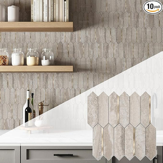 KASARO Peel and Stick Backsplash Long Hexagon Wall Tile, 10-Pieces PVC Self Adhesive Mosaic Tiles, Marble Beige Slate with Vintage Gold Stripes Decorative for Kitchen, Bathroom and Fireplace