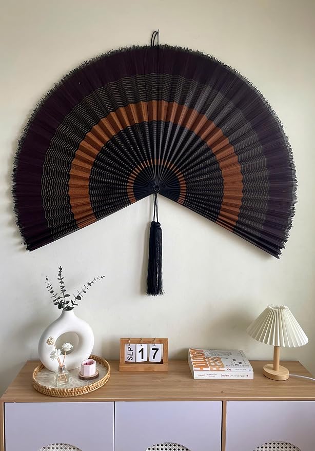 ChumDecor Fan Wall Decor,Japanese Wall Fan Decor,Large Bamboo Fan Wall Art for Boho Hanging Headboard,Decorative Folding Fan for Over Bed Decorations,Large Wall Dcor (Ebony, 60inch)