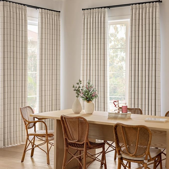 THREE GIRLS Linen Plaid Checkered Blackout Curtains Gingham Double Layer for Living Room,Bedroom,Dining Room 108 Inches Long 2 Panels Set Patterned Printed Design Insulated Pinch Pleated