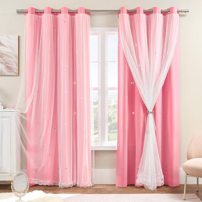 XiDi Pink Curtains for Girls Nursery Room 102 Inches Long Blackout Double Layer Curtains with Sheer Overlay for Kids Toddler Princess Bedroom Living Room Darkening Grommet Window Drapes W52 X L102