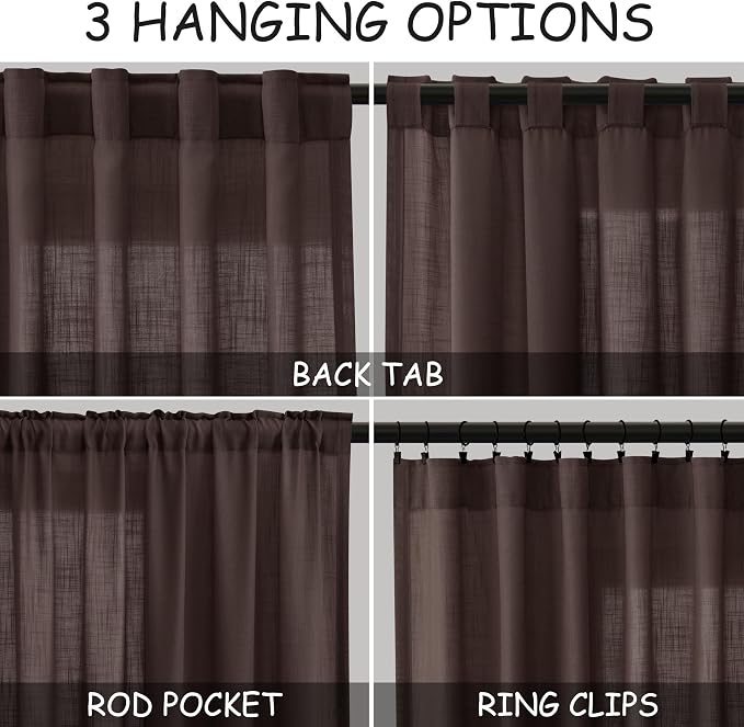 Coffee Linen Curtains 80 Inch Length 2 Panels Set Back Tab Rod Pocket Textured Sheer Light Filtering Boho Room Decor Aesthetic Curtains Burlap Look Curtain Drapes for Living Room Bedroom 52x80