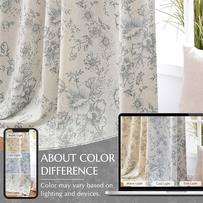 jinchan Blackout Floral Curtains for Living Room Bedroom Linen Blend Curtain Farmhouse Grey Printed with Lined Back Tab Rod Pocket Drapes Window Treatments 2 Panels 63 Inch Gray