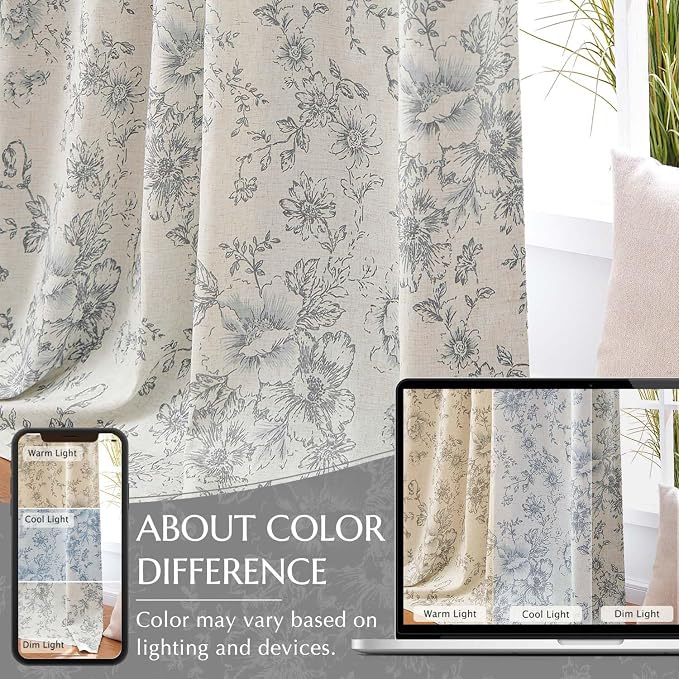 jinchan Blackout Floral Curtains for Living Room Bedroom Linen Blend Curtain Farmhouse Grey Printed with Lined Back Tab Rod Pocket Drapes Window Treatments 2 Panels 96 Inch Gray