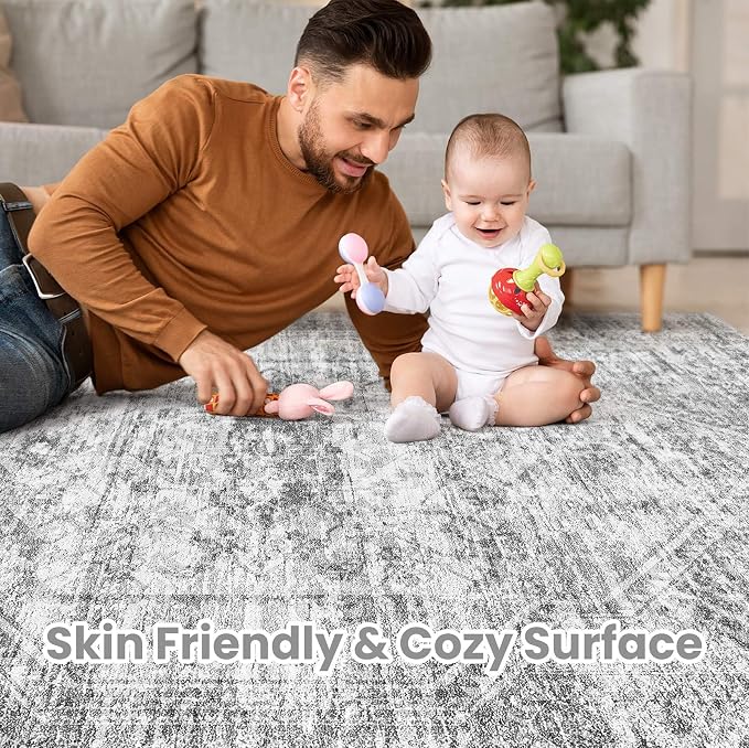 Vintage Living Room Area Rug 9x12 - Large Soft Washable Oriental Traditional Distressed Farmhouse Rugs for Bedroom - Indoor Floor Accent Carpet for Home Office House Decor - Distressed Grey