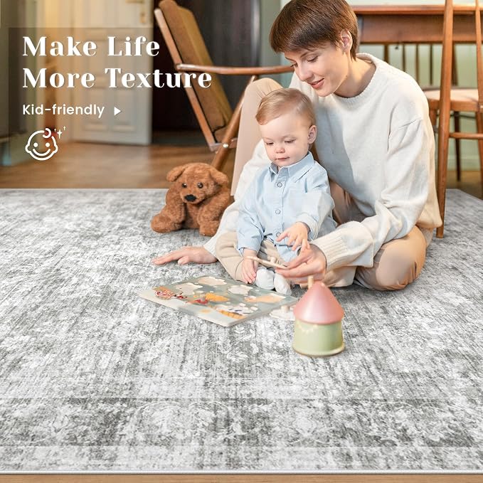 9x12 Area Rugs for Living Room: Washable Large Vintage Floral Rug Low Pile Non-Slip Boho Carpet for Bedroom Dining Home Office (Grey, 9'x12')