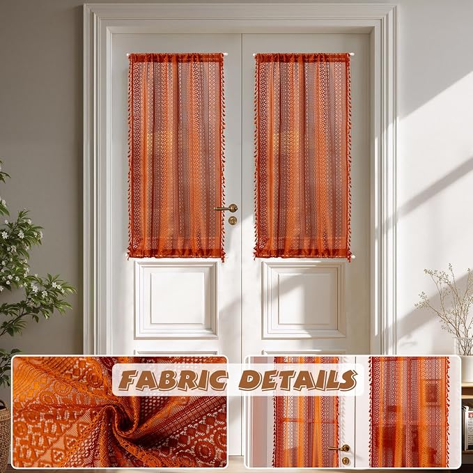 Sutuo Home Burnt Orange French Door Curtain for Glass & Sidelights, Bohemian Tassels Vintage Chic Patio Privacy Drapes for Front Door Halloween Decor, Rod Pocket 2 Panels 25" W x 40" L,Terracotta