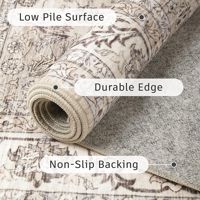 DCX Machine Washable Brown and Beige Area Rug 8x10, Non Slip Stain Resistant Vintage Floral Rug for Living Room Bedroom Nursery, Soft Low Pile Large Carpet