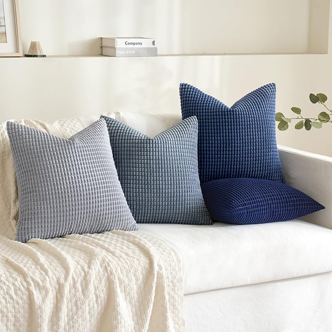 MIULEE Farmhouse Decorative Pillow Covers 18x18 Inch Set of 4 Coastal Blue | Boho Western Farmhouse Home Decor Couch Throw Pillows Summer Coastal Corduroy Pillowcases Industrial for Sofa Living Room Bed