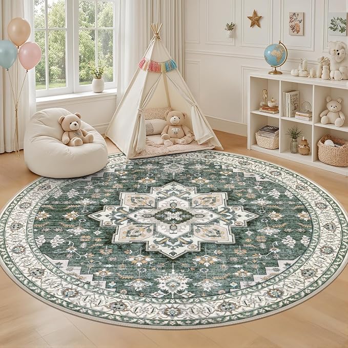 Round Area Rug for Living Room: 4 ft Washable Vintage Boho Soft Thin Circle Rug Indoor Floor No Slip Stain Resistant Carpet for Bedroom Dining Room Farmhouse Nursery Home Office - Green Ivory