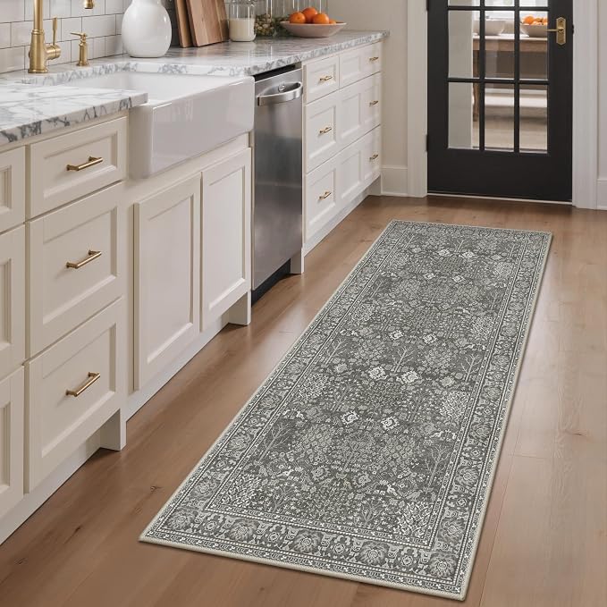 Bavni 2x5 Rug Runners for Hallways, Washable Runner Rug Non Slip,Vintage Floral Print Style Rugs for Bedroom-Lightweight Low Pile Carpet for Hallways Bathroom, Grey