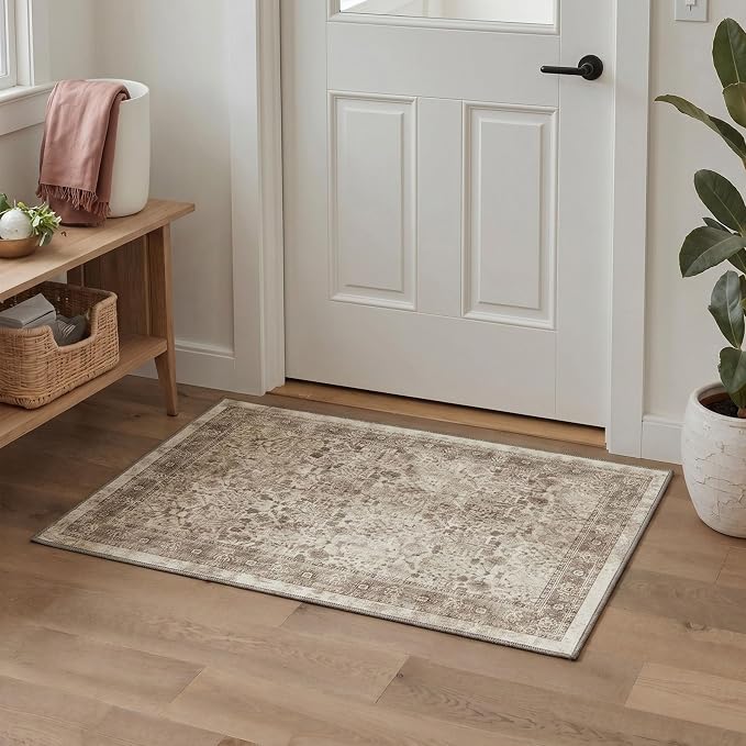 Bavni 2.6x7 Rug Runners for Hallways, Washable Runner Rug Non Slip,Vintage Floral Print Style Rugs for Bedroom-Lightweight Low Pile Carpet for Hallways Bathroom, Beige Floral