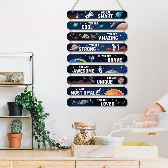 MONALET Space Astronomy Astronaut Inspirational Wall Decor for Boys Kids Room Classroom Playroom Nursery Office, You Are Loved Hanging Wooden Signs, Spaceman Wall Art Wood Plaque 9Pcs 12x19