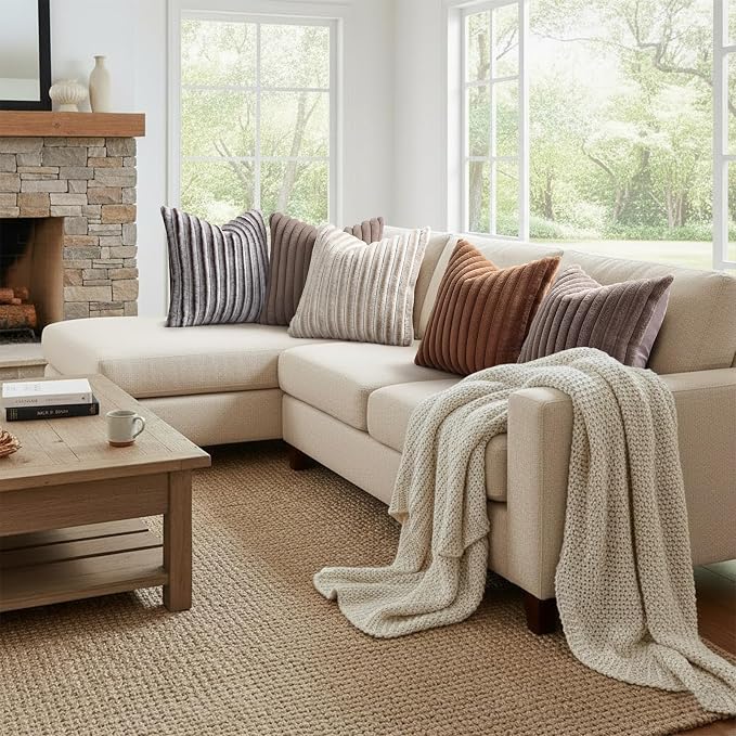 decorUhome Fall Cozy Faux Fur Throw Pillow Covers 26x26 Set of 2 Decorative Plush Striped Modern Farmhouse Boho Couch Euro Sham Pillow Cases with Velvet Back for Sofa Bed Living Room, Beige White