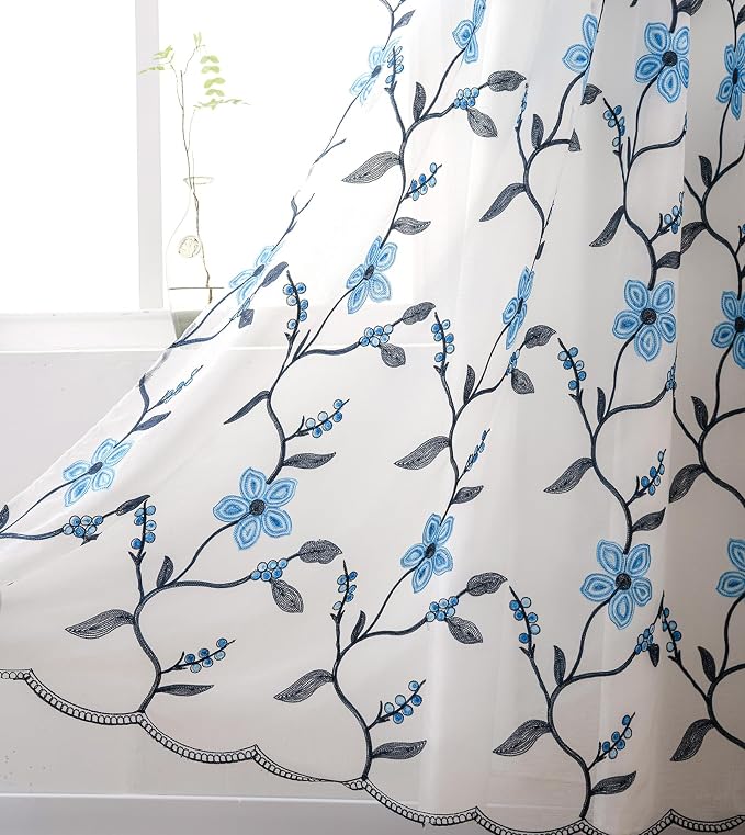 Petrichor Embroidered Sheer Curtain 2 Panels Set - Luxury Window Curtain Attached Valance with Satin Backing and 2 Tie Backs for Living Room,Dining Room, 54x84 inches, Navy