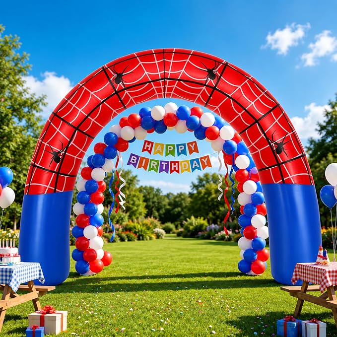 Jenaai 8ft Giant Spider Web Inflatable Arch Blow up Inflatable Outdoor Yard Decorations with Built in LED Lights Red Spider Web Theme Birthday Party Decor for Garden Lawn