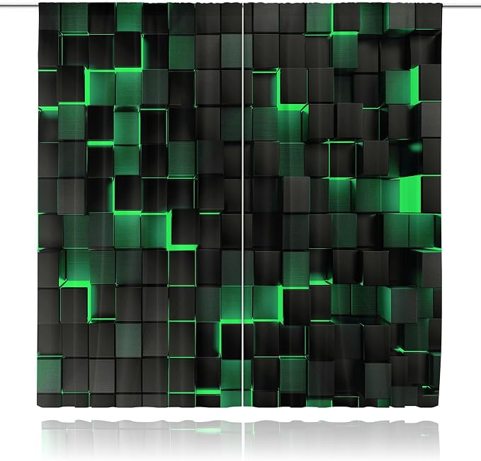 MESHELLY Abstract Black Green Curtains 42Wx63H Inch Rod Pocket Modern Geometric Cubes 3D Gradient Design Futuristic Bedroom Window Drapes Minimalist Man Boys Printed Living Room Window Treatment