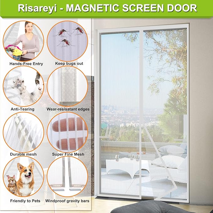 Risareyi Magnetic Screen Door Heavy Duty, Front Door Screen Magnetic Closure Thicken Tear-Resistant Mesh Keep Bugs Out, White - Net Curtain Itself Size 72" x 84"