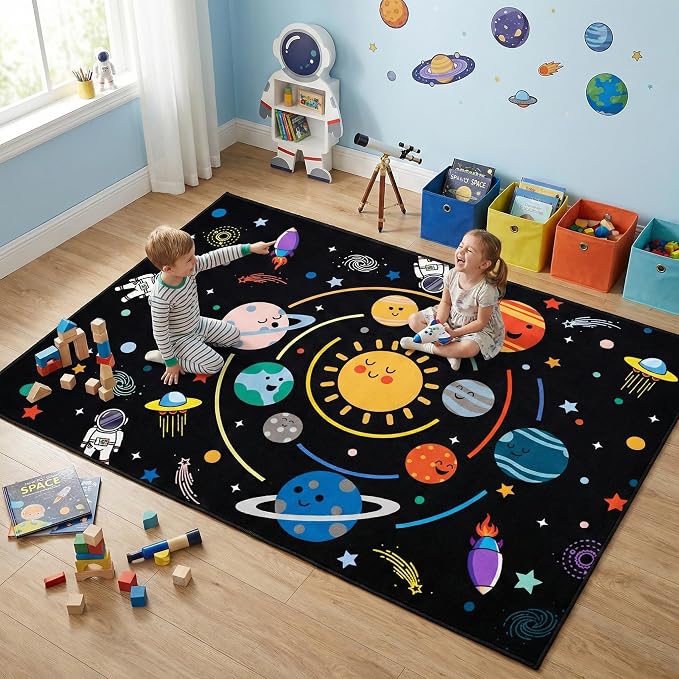 Space Rugs for Kids Bedroom,4'5''×6' Outer Space Rug for Boys Room with Solar System Planets,Space Theme Carpet for Bedroom Playroom Classroom