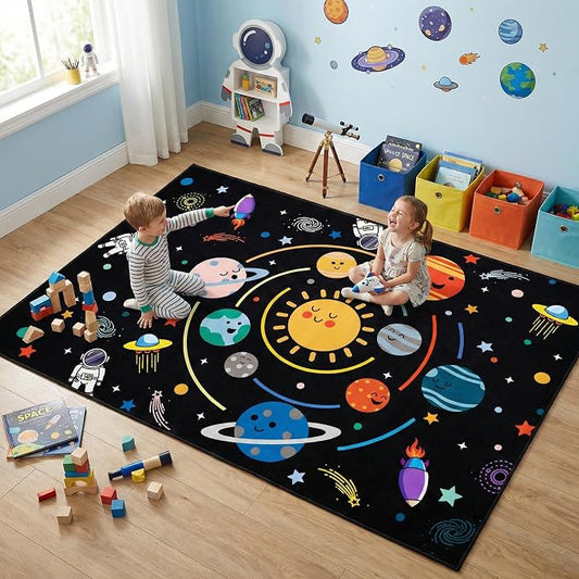 Space Rugs for Kids Bedroom,4'5''×6' Outer Space Rug for Boys Room with Solar System Planets,Space Theme Carpet for Bedroom Playroom Classroom