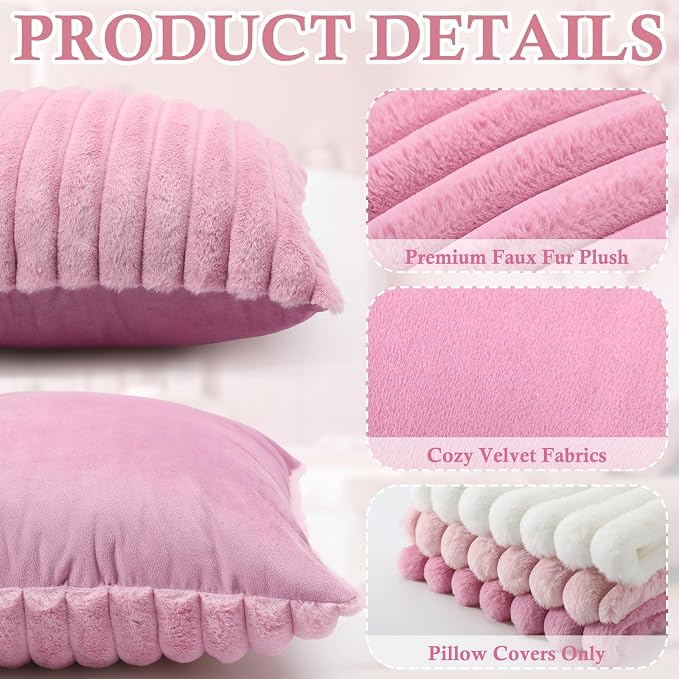 Mixweer 6 Pcs Faux Fur Plush Throw Pillow Covers 18x18 Inch Soft Decorative Striped Pillow Covers with Velvet Back for Coquette Party Sofa Home Wedding Classroom Decor, Pink, Light Pink, White
