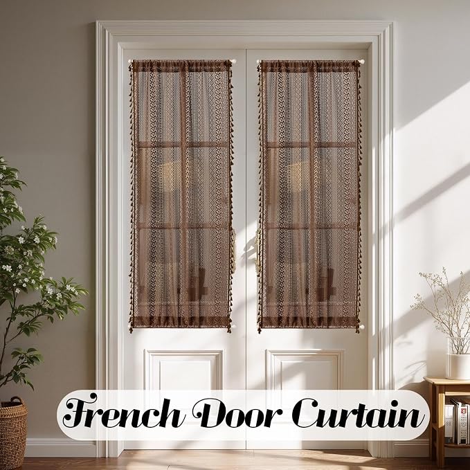 Sutuo Home Dark Coffee French Boho Door Curtains for Front Door Glass & Sidelights, Farmhouse Light Filtering Bohemian Tassels Vintage Privacy Drapes for Door Window, Rod Pocket 2 Panels 25" W x 72" L