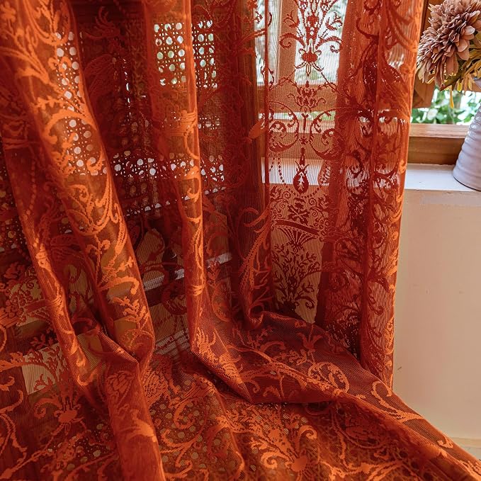 TUDECO Burnt Orange Lace Curtains for Living Room 2 Panels - Vibrant Floral Branch Ruffle Sheer Terracotta Curtains, Boho Rod Pocket Bright Privacy Autumn Window Treatments, 59W x 84L, Terracotta