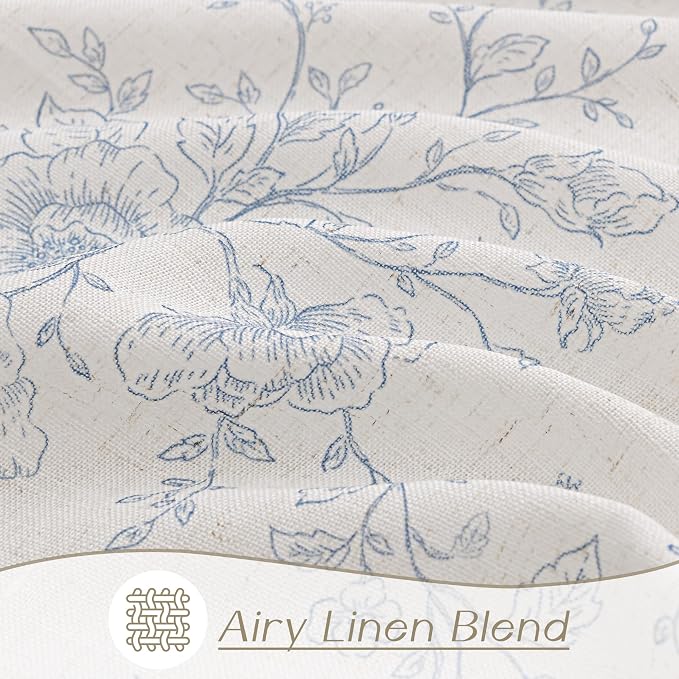 Blue Floral Curtains 96 inch Length Back Tab Farmhouser Living Room Light Filtering Curtains Blue Pattern Print on Cream White Linen Curtain Panel Minimalist Aesthetic Sketch Style Vintage Room Decor