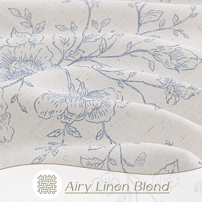 Blue Floral Curtains 63 inch Length Back Tab Farmhouser Living Room Light Filtering Curtains Blue Pattern Print on Cream White Linen Curtain Panel Minimalist Aesthetic Sketch Style Vintage Room Decor
