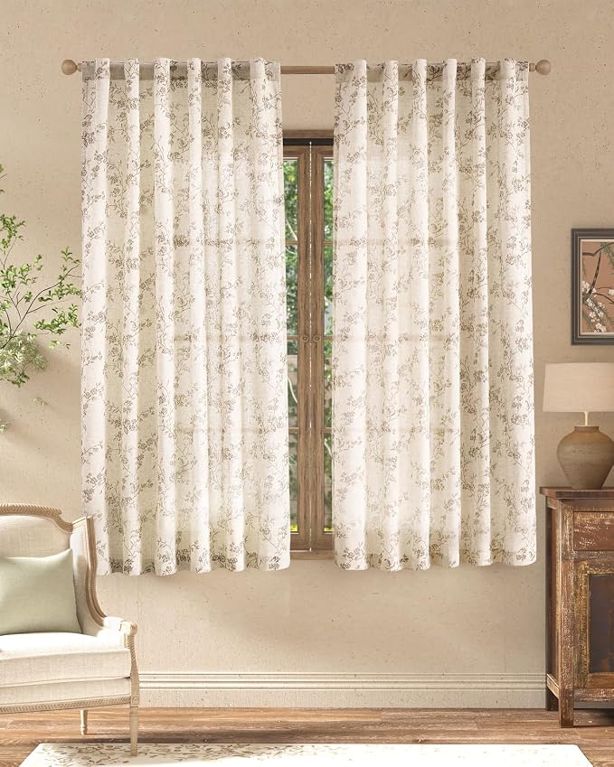 jinchan Taupe Floral Linen Curtains 63 Inch Farmhouse Back Tab 2 Panels | Flower patterned drapes, french country, light filtering, semi sheer, printed, bedroom, living room, office, window treatment