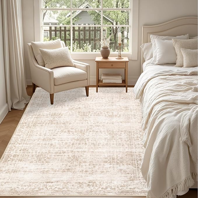 5x7 Area Rugs Living Room Rug: Washable Vintage Boho Rug No Slip Stain Resistant Soft Carpet Indoor Floor Floral Large Carpets for Bedroom Dining Room Farmhouse Nursery Hallway Home Office Beige