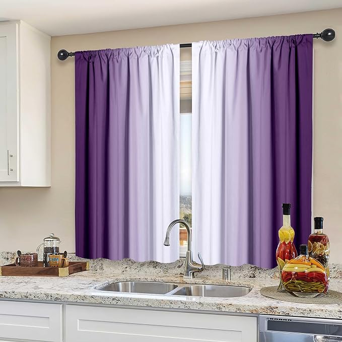 Purple Kitchen Curtains 2 Panels for Dining Room Purple and Grey White Curtain 39 inch Length Semi Sheer Rod Pocket Window Treatment Panel for Livingroom,27.5"x39"