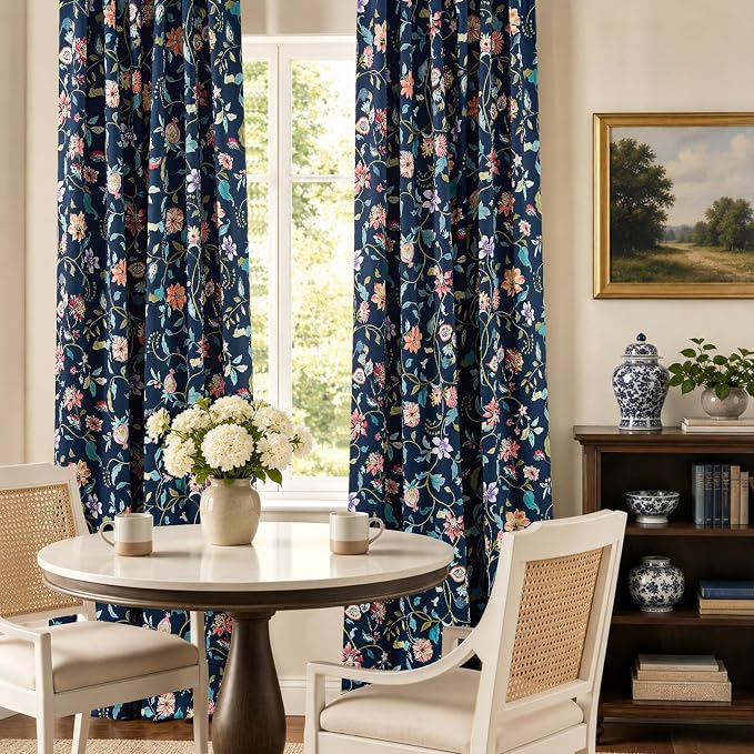 jinchan Hattie Dark Blue Floral Blackout Curtains 96 Inch Length – Room Darkening Drapes for Bedroom, Home Office & Study, Elegant Vintage Floral, Cozy Light Blocking, Set of 2 Panels Back Tab