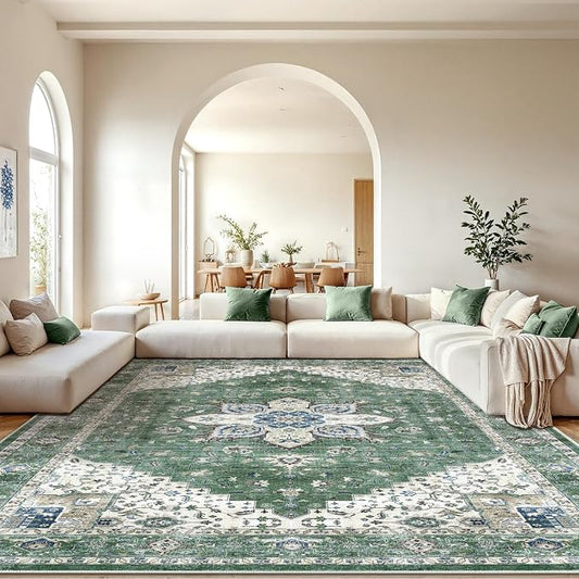 AMADA HOMEFURNISHING 10x14 Washable Area Rug, Low-Profile Large Area Rug with Non-Slip Backing & Durable Edge Binding, Vintage Large Rugs for Living Room, Bedroom & Dining Room