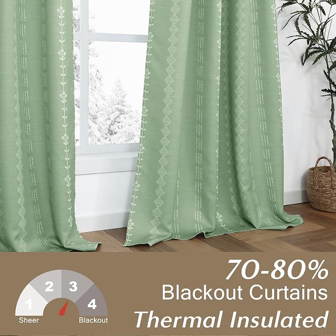 Sage Green Boho Cottage Core Curtains for Bedroom, Vintage Floral Cottagecore Pattern Semi Blackout Drapes, Light Green Farmhouse Style Window Panel for Living Room, 84 Inches Long