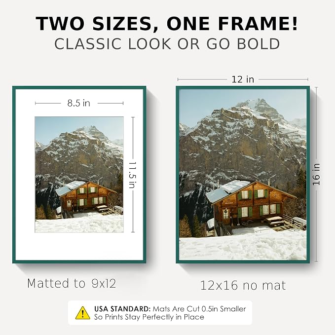 12x16 Picture Frame for 9x12 Photo, Minimalist Aluminum Frame, Dark Green | Deep Green Metal Frame for Wall, Desk & Gift | Shatterproof Glass & Hardware