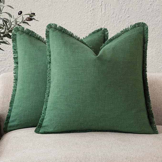 Foindtower Set of 2 Decorative Linen Fringe Throw Pillow Covers Cozy Boho Farmhouse Cushion Cover with Tassels Soft Accent Pillowcase for Couch Sofa Bed Living Room Home Decor, 26×26 Inch, Pine Green