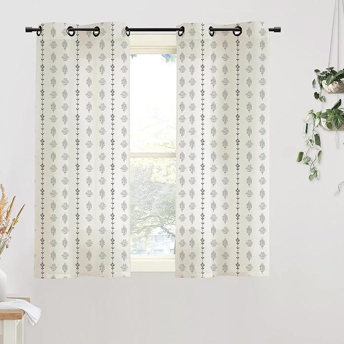 Lino Rosa Short Sheer Curtains 45 Inch Length Farmhouse Boho Linen Drapes for Kitchen Window Over Sink, Cortinas para Cocina, Black and Cream