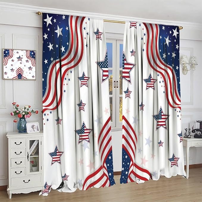 American Flag Curtains,4th of July Independence Day Stars Stripes Decor Drape for Bedroom Living Room Window Treatment 2 Panels Set Total Size 72" W X 63" L Inch