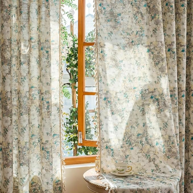 OYX Boho Floral Curtains 84 Inch, Linen Farmhouse Flower Drapes with Lace & Tassels, Light Filtering Semi Sheer Curtains for Living Room Bedroom, 2 Panels