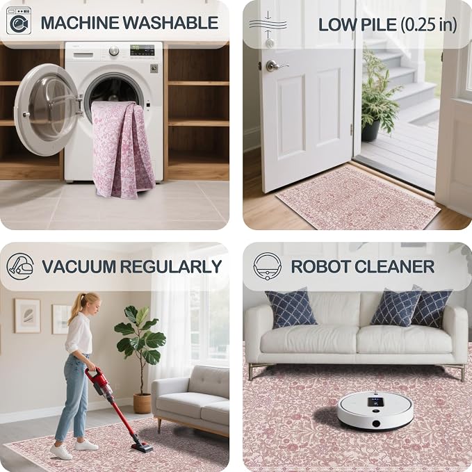 4x6 Area Rug for Bedroom Beside Rug, Laundry Room, Entryway, Kitchen, Washable Non-Slip Low Pile Ultra Soft Stain Resistant Carpet (Pink)