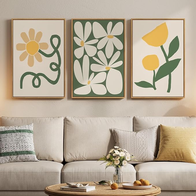 Framed Boho Abstract Wall Art Bedroom, 3 Piece Green and Yellow Mid Century Modern Canvas Artwork for Walls, Paintings Prints Botanical Floral Pictures for Living Room Dining Room Wall Decor, 16x24 In