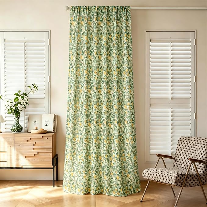 RoomTalks Green Yellow Floral Window Curtains 84 Inches Length 2 Panels, Boho Country Vintage Cute Botanical Fruit Faux Linen Curtain Panels for Bedroom Dining Living Room Dorm Summer Aesthetic Decor