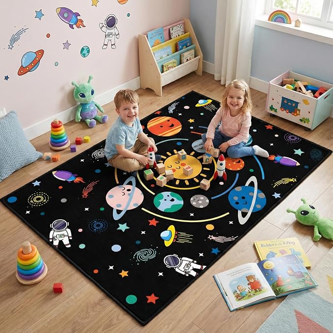 Outer Space Rug for Boys Room,3'×4' Space Rug for Kids Bedroom with Solar System Theme,Educational Carpet for Playroom and Living Room Decor