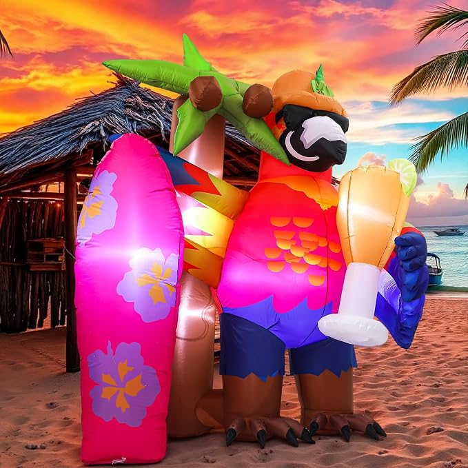 Leyndo 7.2x5.7ft Gaint Hawaiian Inflatable Parrot Decorations Tiki Inflatable Palm Coconut Tree with LED Lights Aloha Luau Hawaiian Tropical Party Decorations for Indoor Outdoor Birthday Beach
