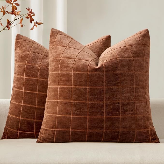 MIULEE Burnt Orange Plaid Decorative Throw Pillow Covers 22x22 Set of 2 | Vintage Check Chenille Couch Pillows Neutral Boho Farmhouse Cushion Covers Modern Home Decor for Sofa Bed Living Room
