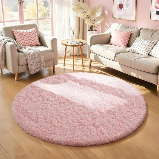 Ophanie Pink Round Rug for Bedroom Girls, Kids Fluffy Kawaii Fuzzy Shag Circle Circular Area Rugs, Cute Plush Christmas Small Carpet 4Ft 4 Foot, for Teen Baby Nursery Home Living Room Decor Aesthetic