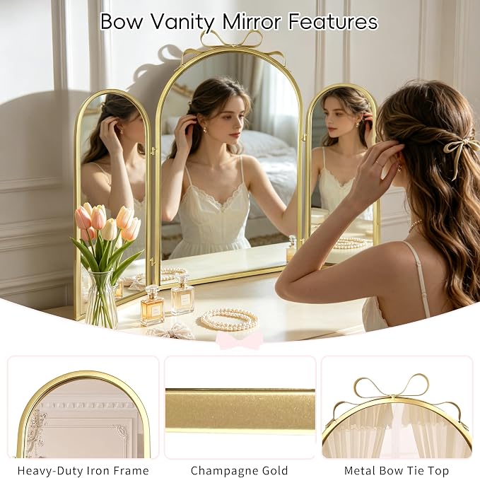 BAODANFU Trifold Vanity Mirrors Bow Top, Gold 3-Way Makeup Mirrors Over Bathroom Sink, Adjustable Arched Decorative Mirror for Entryway, Bedroom, Dressing Room, Tabletop & Wall Mounted, Braiding Hair