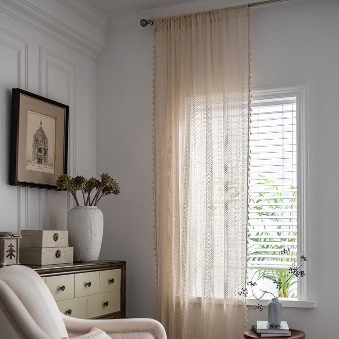 Sutuo Home Beige Boho Curtains Crochet Lace Semi-Sheer Bohemian Hollow Knitted Handmade Tassels, Rod Pocket Window Treatment Vintage Rustic Farmhouse Drapes for Glass Slide Door, 1 Panel 59" W x 90" L